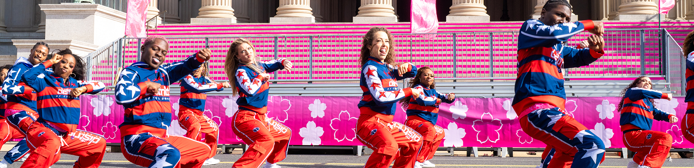 Cherry Blossom Parade floats and performers in Washington, DC